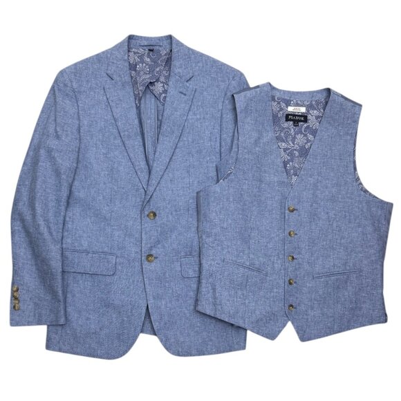 JOS A BANK LINEN Slim Blue 3 Piece Business Casual Blazer Vest Pants Suit 38R - Picture 3 of 11
